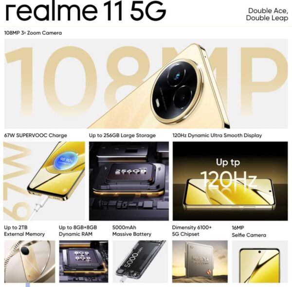 Realme 11 5G (8 GB RAM, 256 GB ROM, Glory Gold)